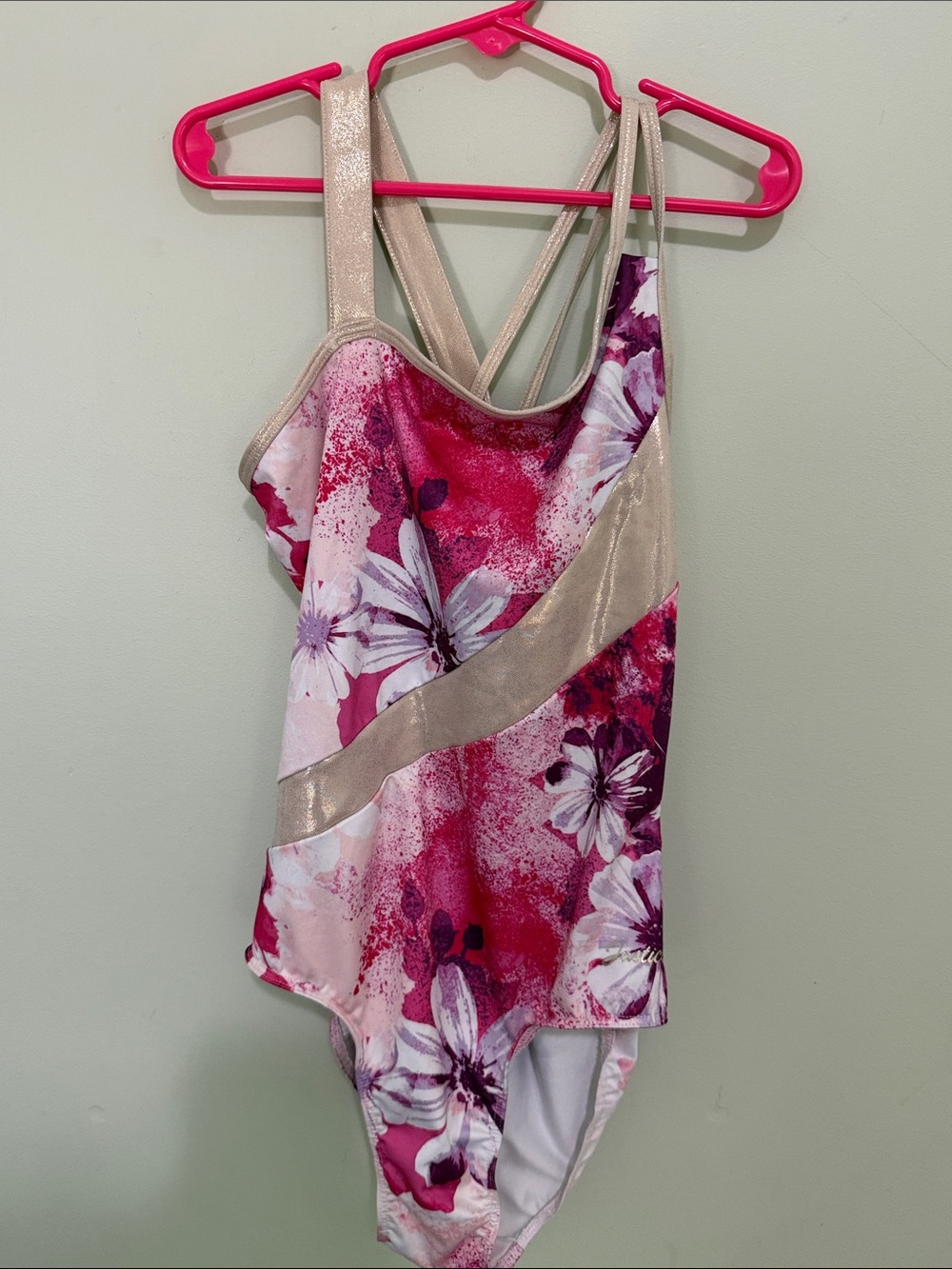 Justice Pink Floral One-Piece Swimsuit with Metallic Cream Band